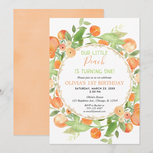 Peach 1st birthday girl invitations, peaches theme invitation (Front/Back)