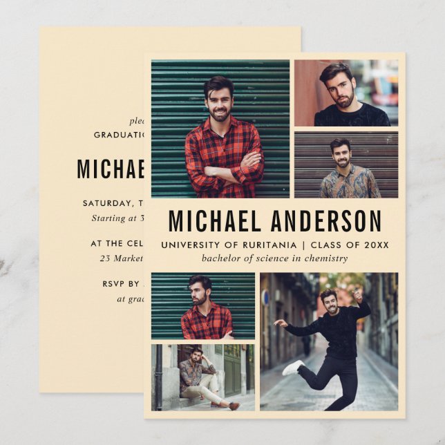 Peach | 6 Photo Chalkboard Graduation Party Invitation (Front/Back)