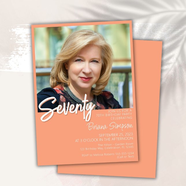 Peach 70th Birthday Photo Invitation (Créateur téléchargé)