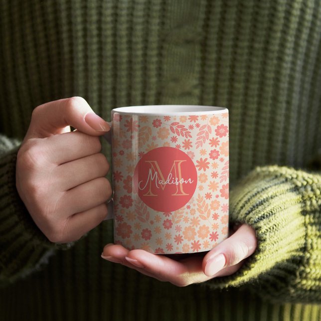 Peach Airy Wildflower Meadow Pattern & Monogram Coffee Mug (Peach Fuzz Wildflower Pattern Mug)