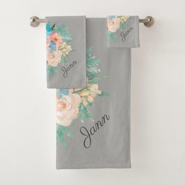 Peach and Aqua Floral Bouquet with Name Bath Towel Set (Insitu)