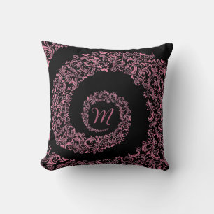 Peach and Black Damask Monogram Throw Pillow