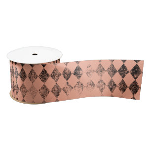 Peach and Black Distressed Harlequin Satin Ribbon