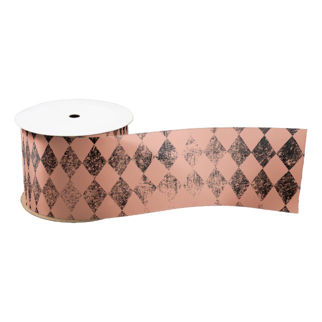 Peach and Black Distressed Harlequin Satin Ribbon (Spool)
