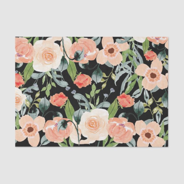 Peach and Black Floral Pattern Tissue Paper (Front)