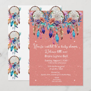 Peach and Blue Dreamcatcher Girl Baby Shower Invitation