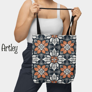  Peach and Blue Floral Pattern Botanical Tote Bag