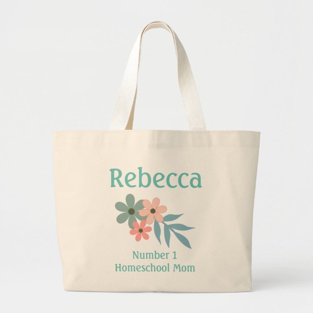 Peach and Blue Flower Number 1 Homeschool Mom Large Tote Bag (Front)