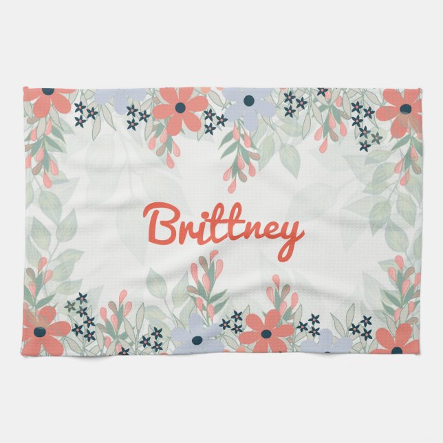 Peach and blue Flower Print Kitchen Towel (Horizontal)