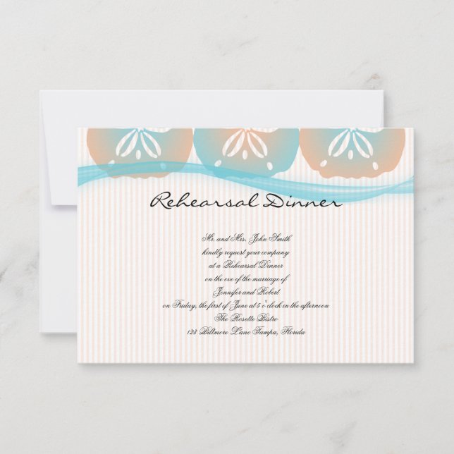 Peach and Blue Sand Dollar Beach Wedding Rehearsal Invitation (Front)