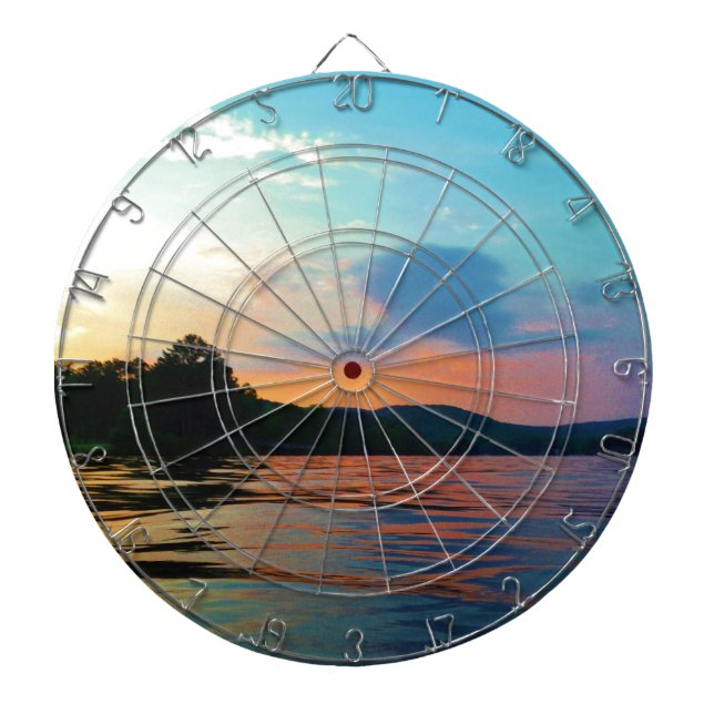 Peach and Blue Sunset on mountain Lake Dartboard (Front)