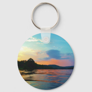 Peach and Blue Sunset on mountain Lake Keychain
