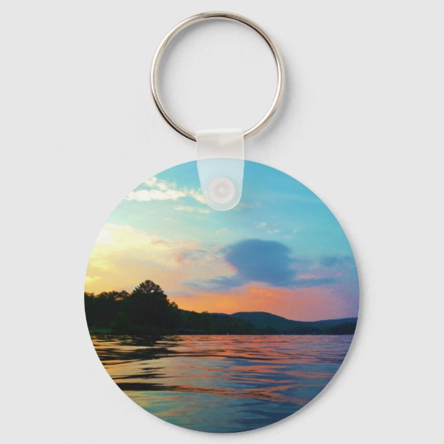 Peach and Blue Sunset on mountain Lake Keychain (Front)