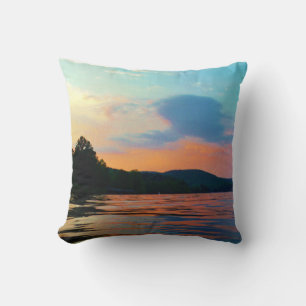 Peach and Blue Sunset on mountain Lake Throw Pillow