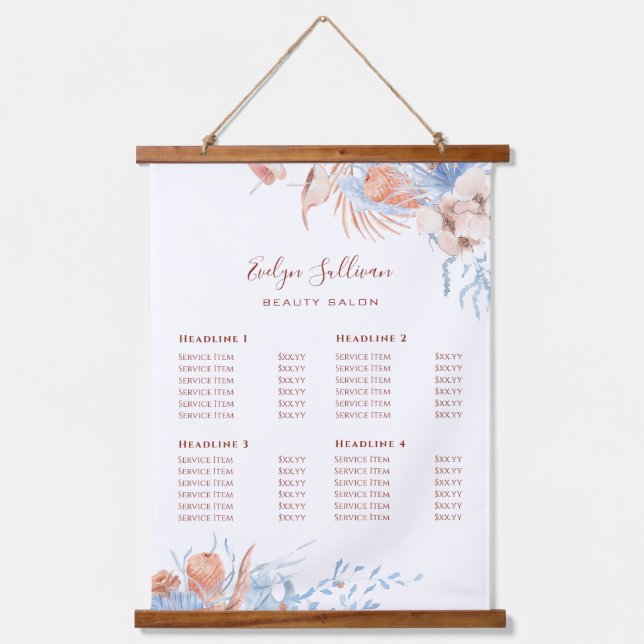 Peach and blue tropical price list hanging tapestry (Front)
