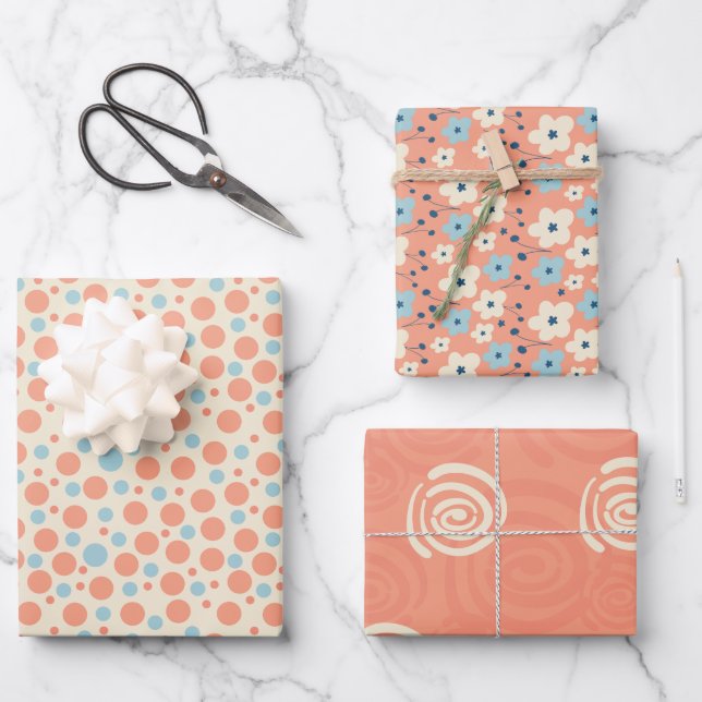 Peach and Blue Wrapping Paper Flat Sheet Set of 3 (Front)