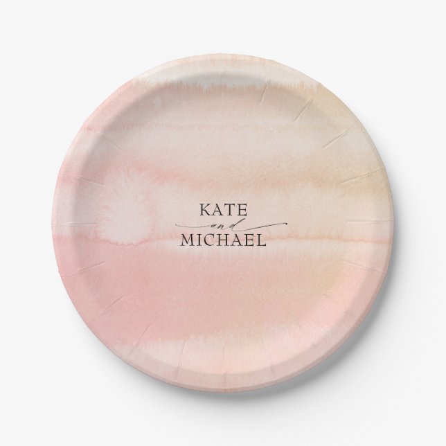 Peach and Blush Pink Watercolors Wedding Paper Plate (Front)