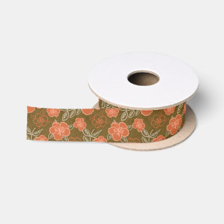 Peach and Brown Hawaiian Hibiscus Pattern Satin Ribbon