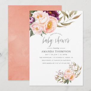 Peach and Burgundy Floral Baby Shower Invitation