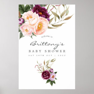 Peach and Burgundy Floral Baby Shower Welcome Poster