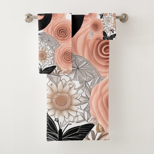 Peach and Charcoal Flowers, Robin and Butterflies Bath Towel Set (Insitu)