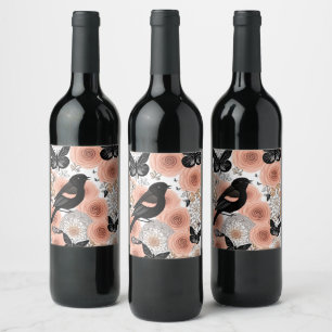 Peach and Charcoal Flowers, Robin and Butterflies Wine Label