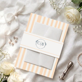 Peach and Cream striped Monogram Wedding Invitation Belly Band