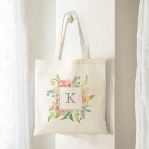 Peach and Cream Watercolor Floral with Monogram Tote Bag