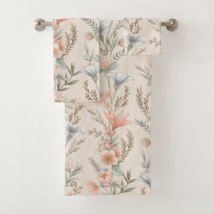 Peach and Dusty Blue Floral Garland Bath Towel Set