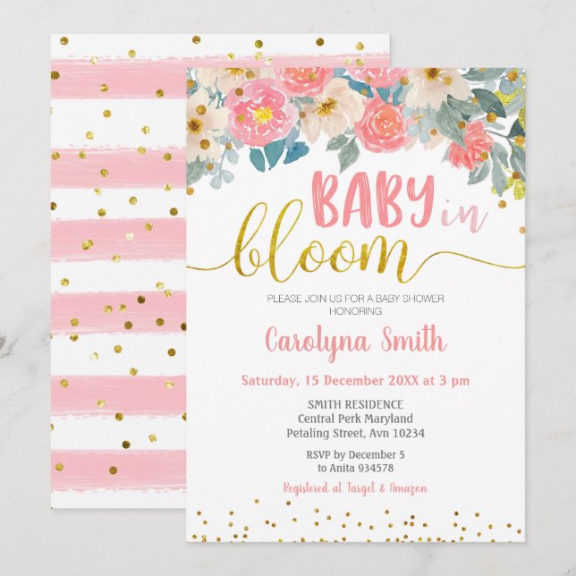 Peach and Gold Baby in Bloom Invitation (Front/Back)