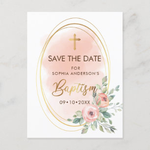 Peach and Gold Baptism Save The Date Postcard