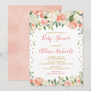 Peach and gold glitter floral girl baby shower invitation