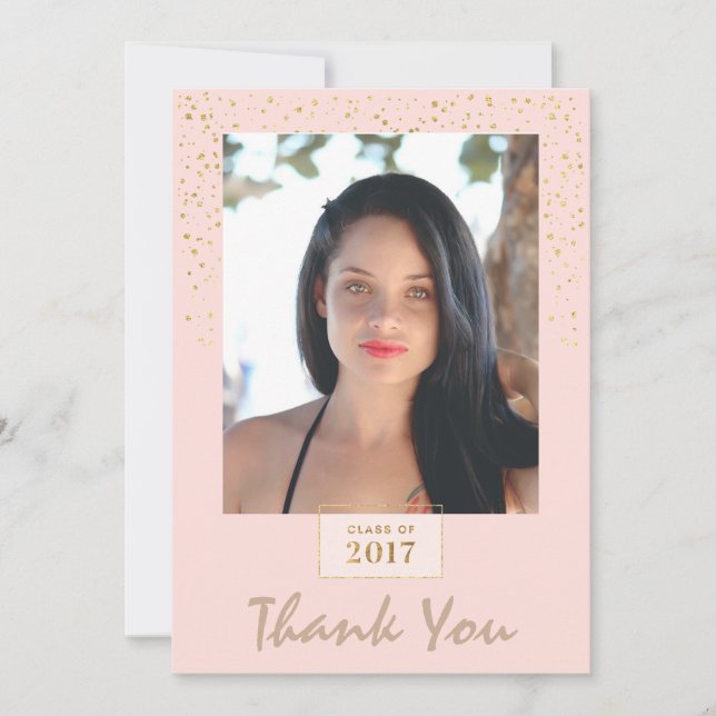 Peach and Gold Glitter Photo Graduation Thank You (Front)