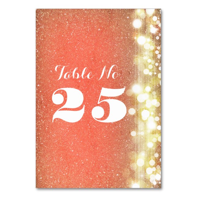peach and gold glitter table number cards (Front)
