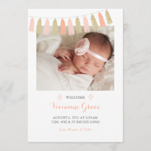 Peach and Gold Glitter Tassel Birth Announcements