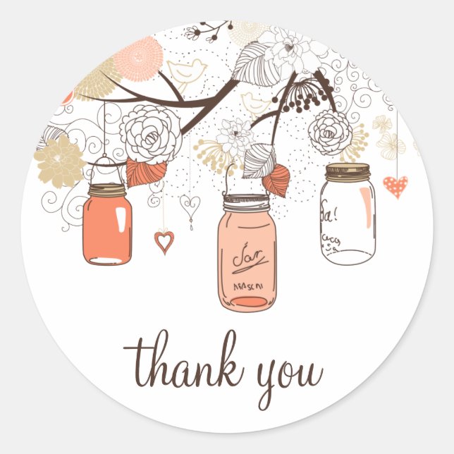 Peach and Gold Mason Jars Spring Thank You Sticker (Front)