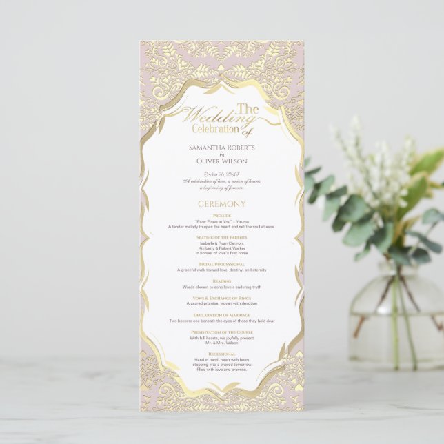 Peach and Gold Monogram  Wedding Program (Standing Front)