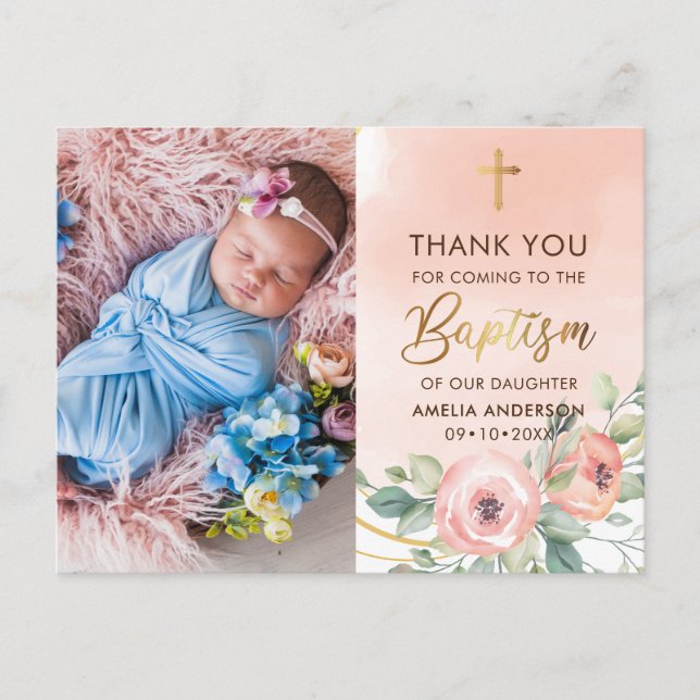 Peach and Gold Photo Baptism Thank You Postcard (Front)
