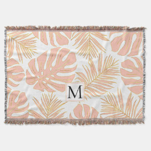 Peach and gold tropical leaves and monogram throw blanket