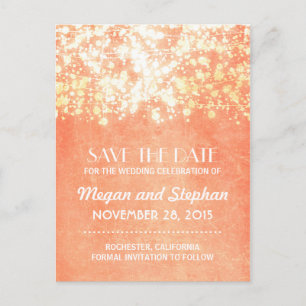 peach and gold vintage string lights save the date announcement postcard