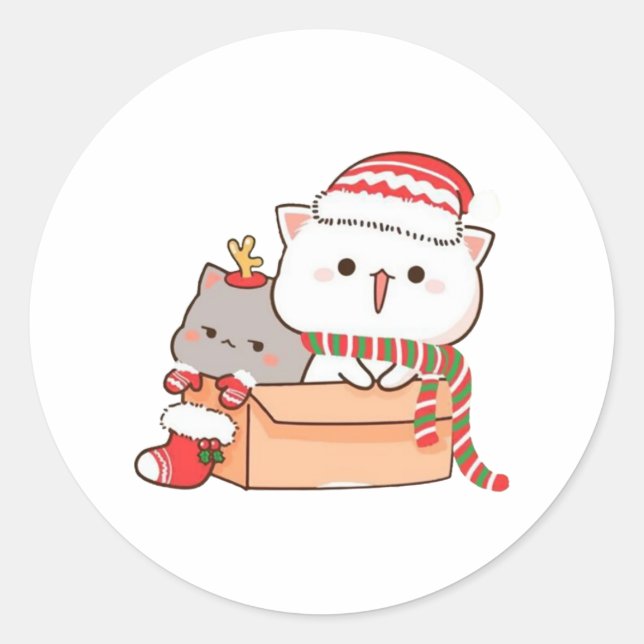 Peach And Goma Mochi Cat, Merry Christmas Classic Round Sticker (Front)