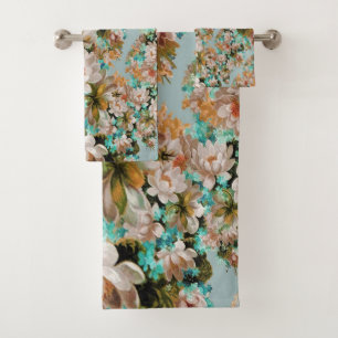 Peach And Green Floral Bath Towel Set