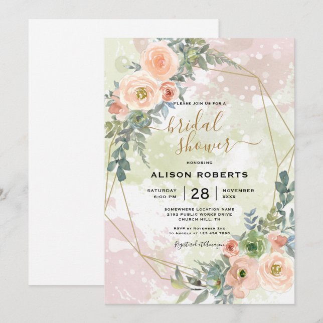 Peach and Green Gold Geometric Frame Invitation (Front/Back)