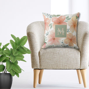 Peach and Green Watercolor Floral Throw Pillow