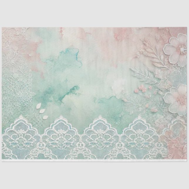 Peach and Green Watercolors and Lace Tissue Paper (Front)