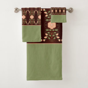 Peach And Green With Dark Brown Bath Towel Set