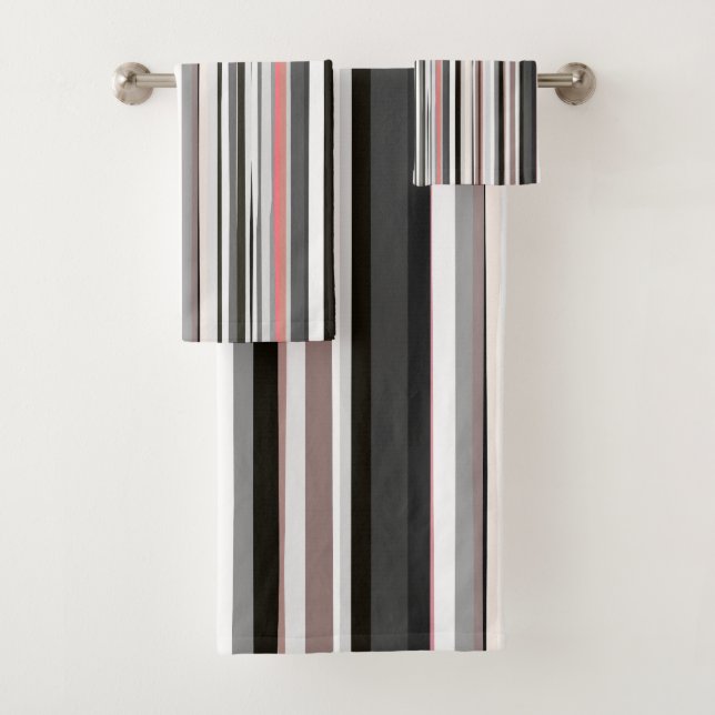 Peach and Grey Abstract Stripes Bath Towel Set (Insitu)