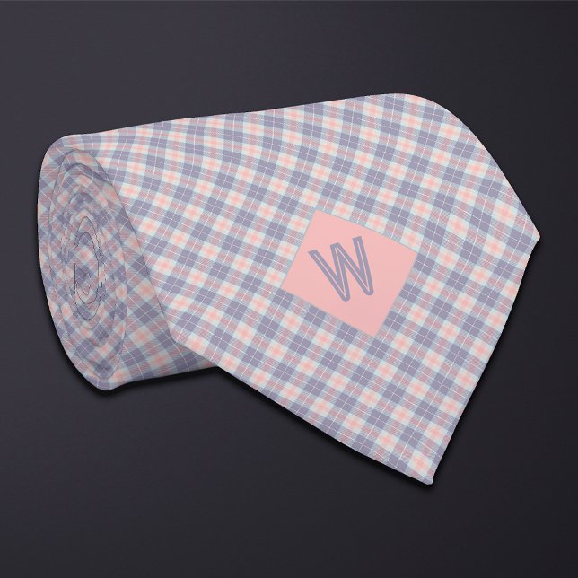 Peach and Grey Blush Plaid Monogram Tie (Creator Uploaded)