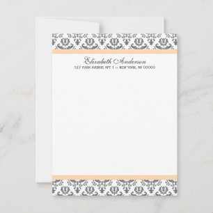 Peach and Grey Damask Flat Thank You Notes Invitation