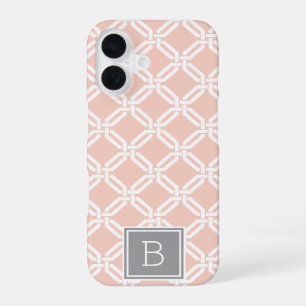 Peach and Grey Lattice Pattern Monogram iPhone 16 Case